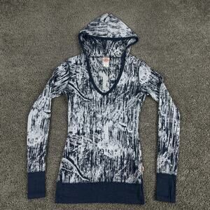 Curious Gypsy Shirt Womens Small Blue White Hooded Thermal Long Sleeve V Neck